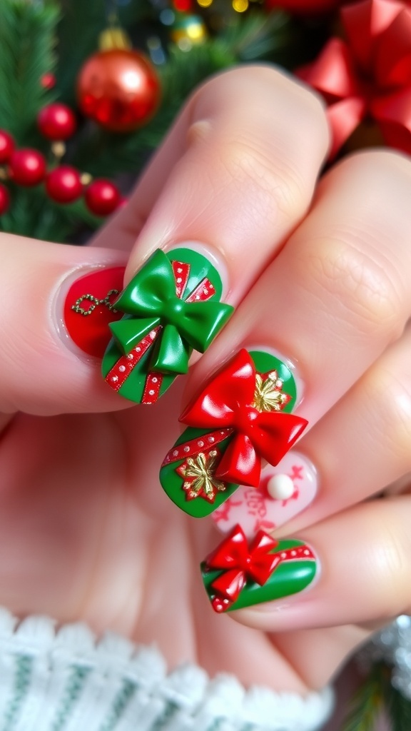 Close-up of Christmas nail art with red and green colors and 3D bows.